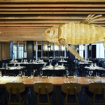 Koi-Inspired Wood Slat LED Chandelier
