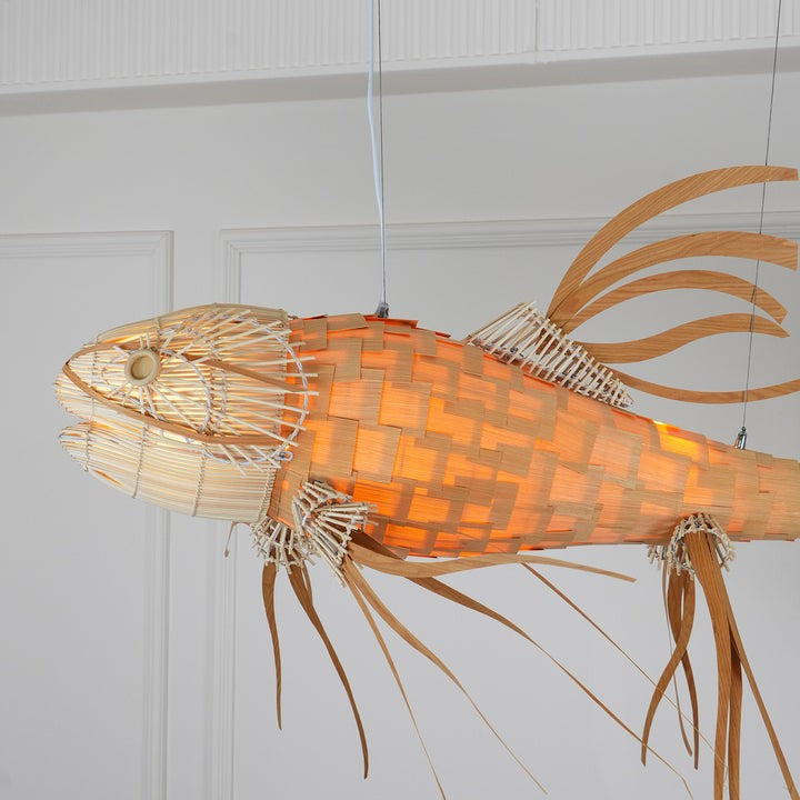 Koi-Inspired Wood Slat LED Chandelier