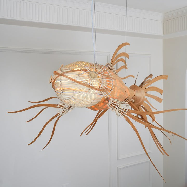 Koi-Inspired Wood Slat LED Chandelier