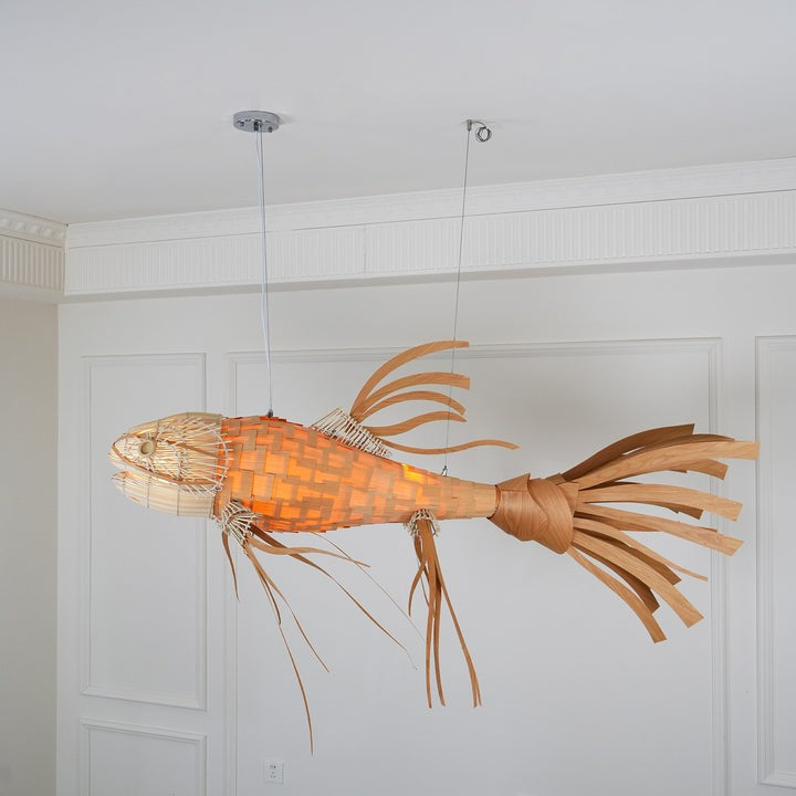 Koi-Inspired Wood Slat LED Chandelier