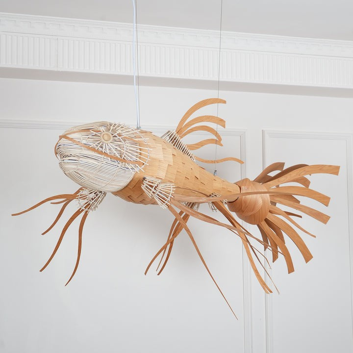 Koi-Inspired Wood Slat LED Chandelier