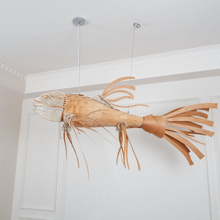 Koi-Inspired Wood Slat LED Chandelier