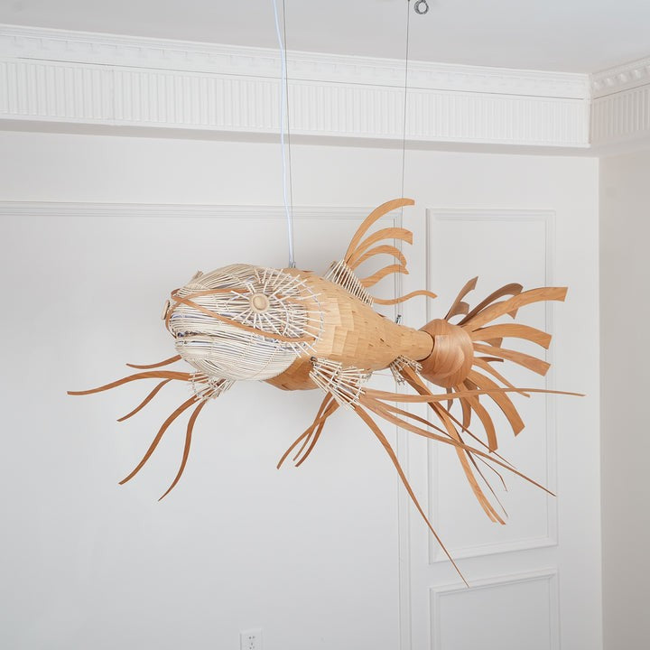 Koi-Inspired Wood Slat LED Chandelier