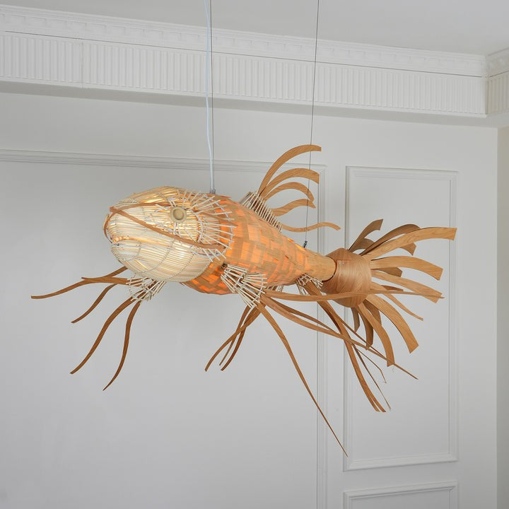 Koi-Inspired Wood Slat LED Chandelier
