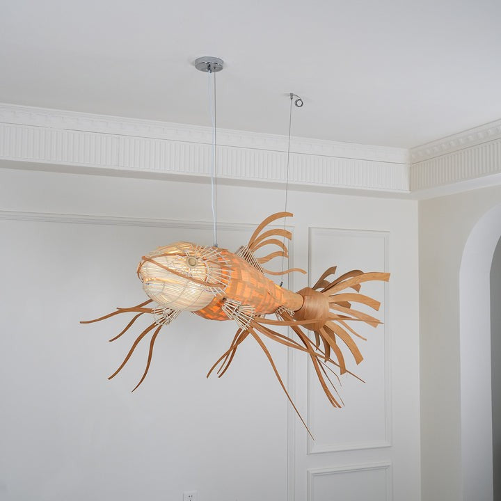 Koi-Inspired Wood Slat LED Chandelier