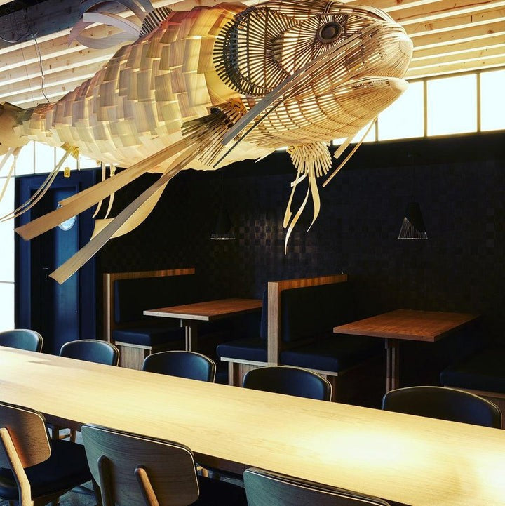 Koi-Inspired Wood Slat LED Chandelier