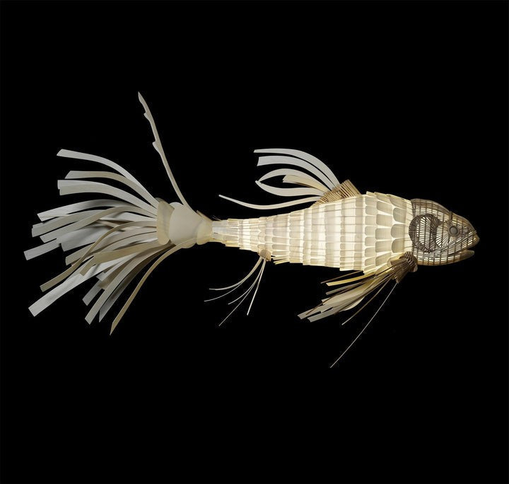 Koi-Inspired Wood Slat LED Chandelier