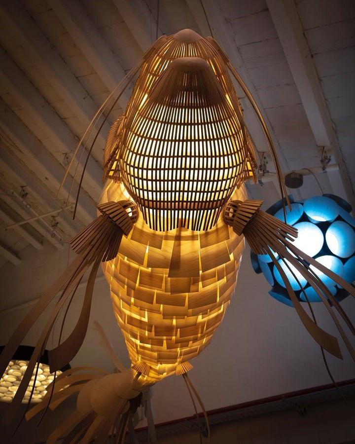 Koi-Inspired Wood Slat LED Chandelier