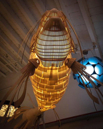 Koi-Inspired Wood Slat LED Chandelier