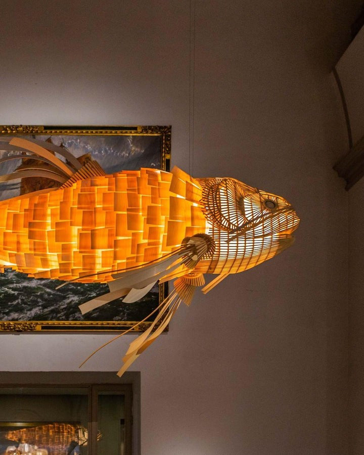 Koi-Inspired Wood Slat LED Chandelier