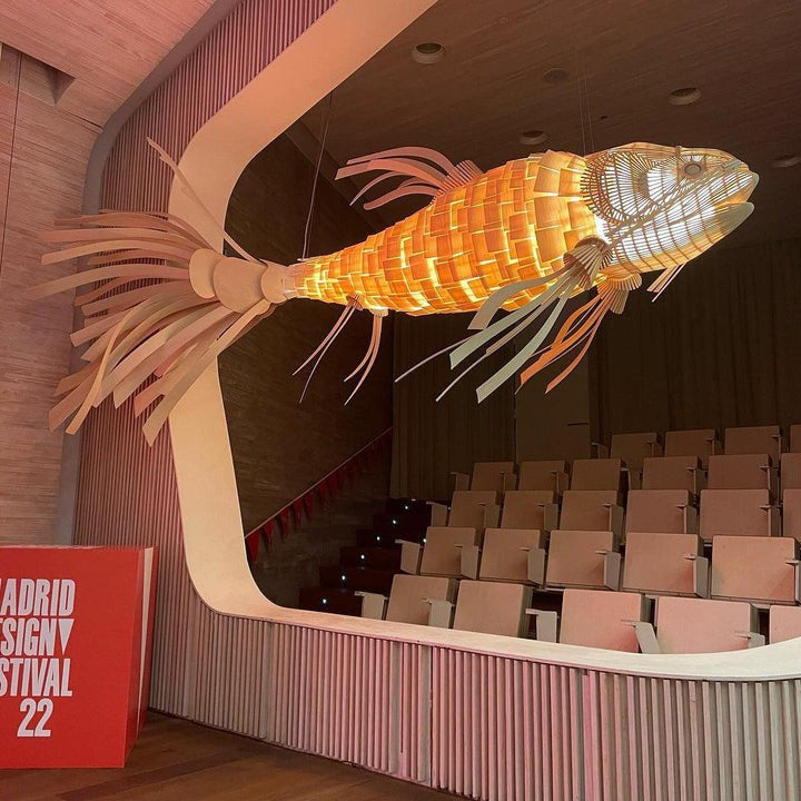 Koi-Inspired Wood Slat LED Chandelier