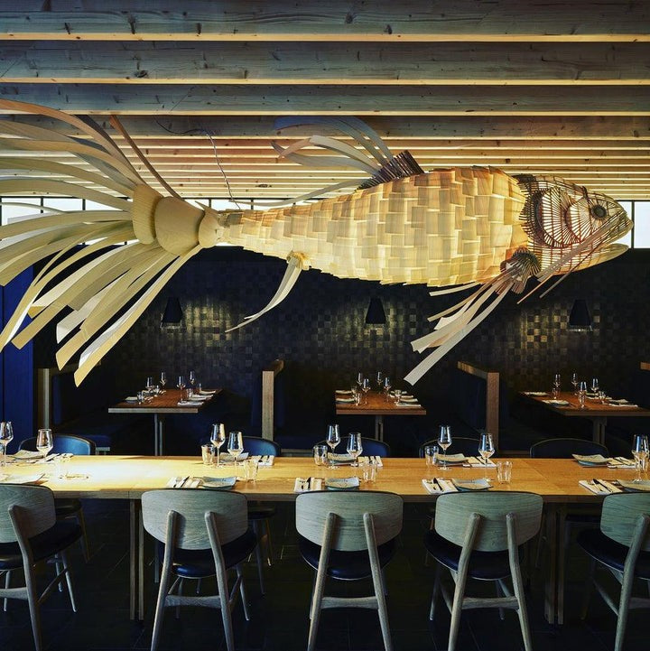 Koi-Inspired Wood Slat LED Chandelier