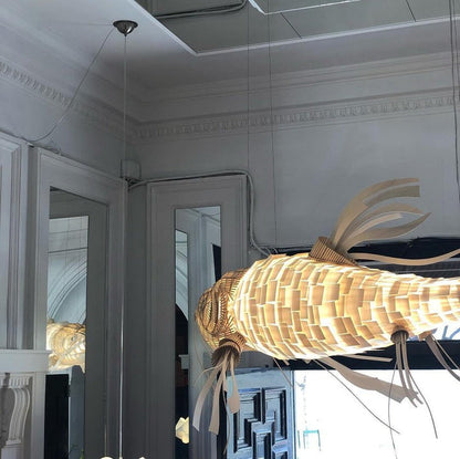Koi-Inspired Wood Slat LED Chandelier