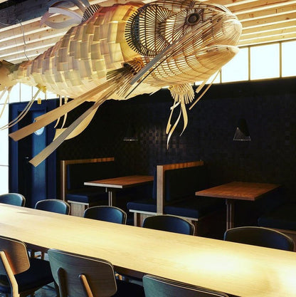 Koi-Inspired Wood Slat LED Chandelier