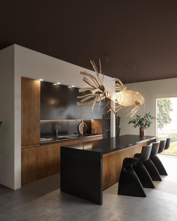 Koi-Inspired Wood Slat LED Chandelier
