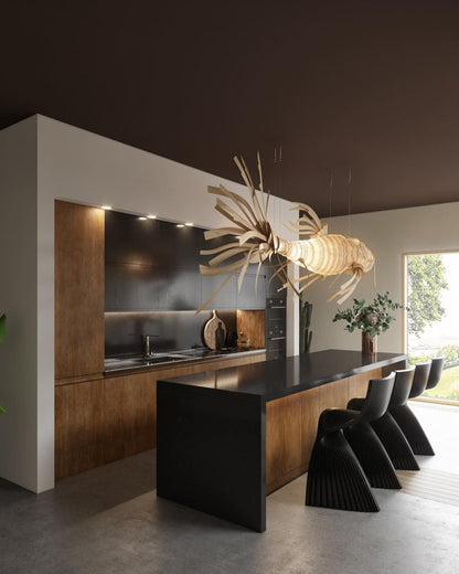 Koi-Inspired Wood Slat LED Chandelier