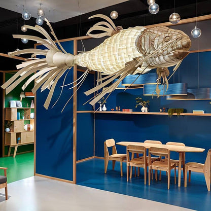 Koi-Inspired Wood Slat LED Chandelier