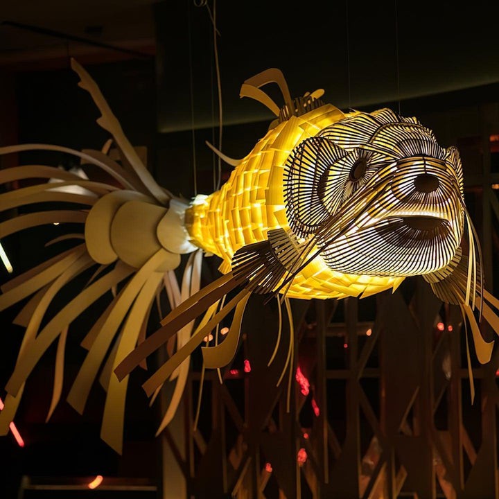Koi-Inspired Wood Slat LED Chandelier