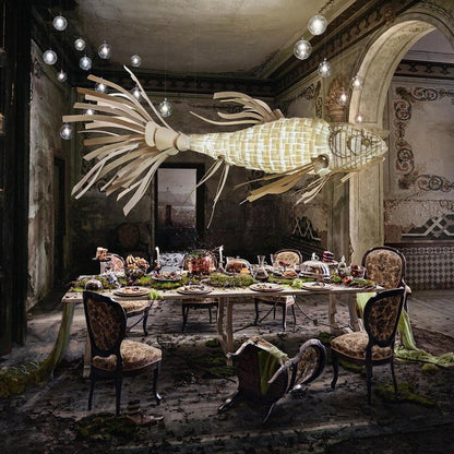 Koi-Inspired Wood Slat LED Chandelier