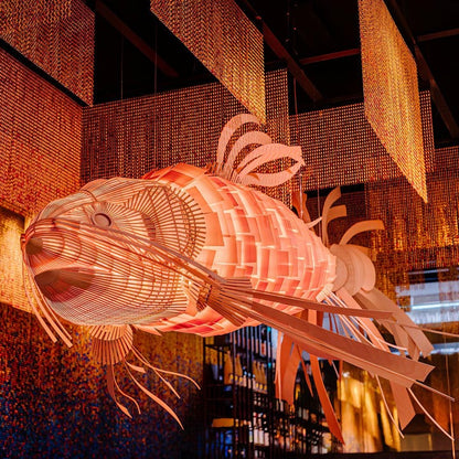 Koi-Inspired Wood Slat LED Chandelier