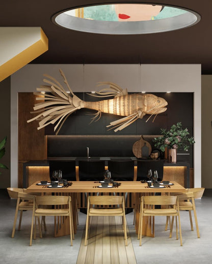 Koi-Inspired Wood Slat LED Chandelier