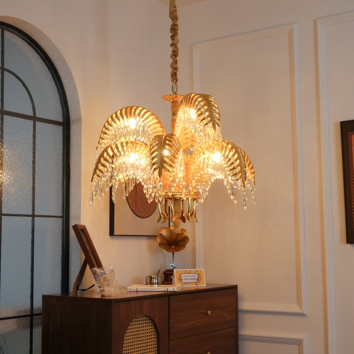 Luxury Palm Leaf Brass & Crystal Chandelier