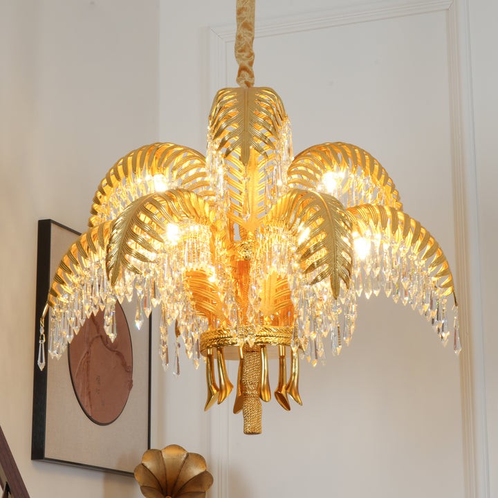 Luxury Palm Leaf Brass & Crystal Chandelier