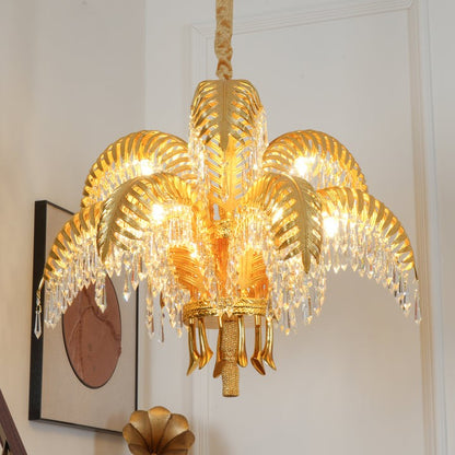 Luxury Palm Leaf Brass & Crystal Chandelier