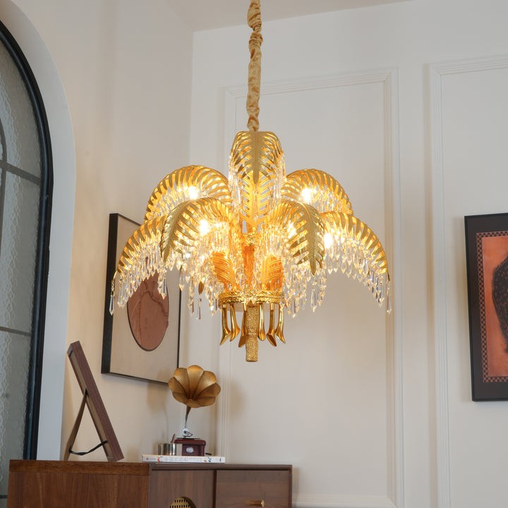 Luxury Palm Leaf Brass & Crystal Chandelier