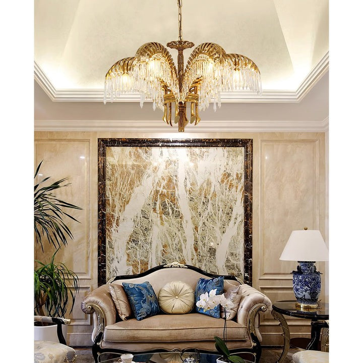 Luxury Palm Leaf Brass & Crystal Chandelier