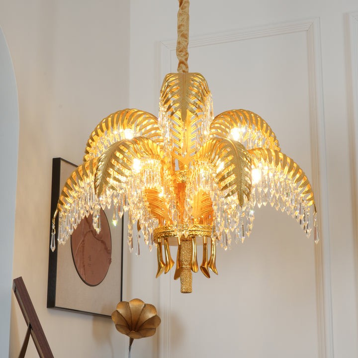 Luxury Palm Leaf Brass & Crystal Chandelier