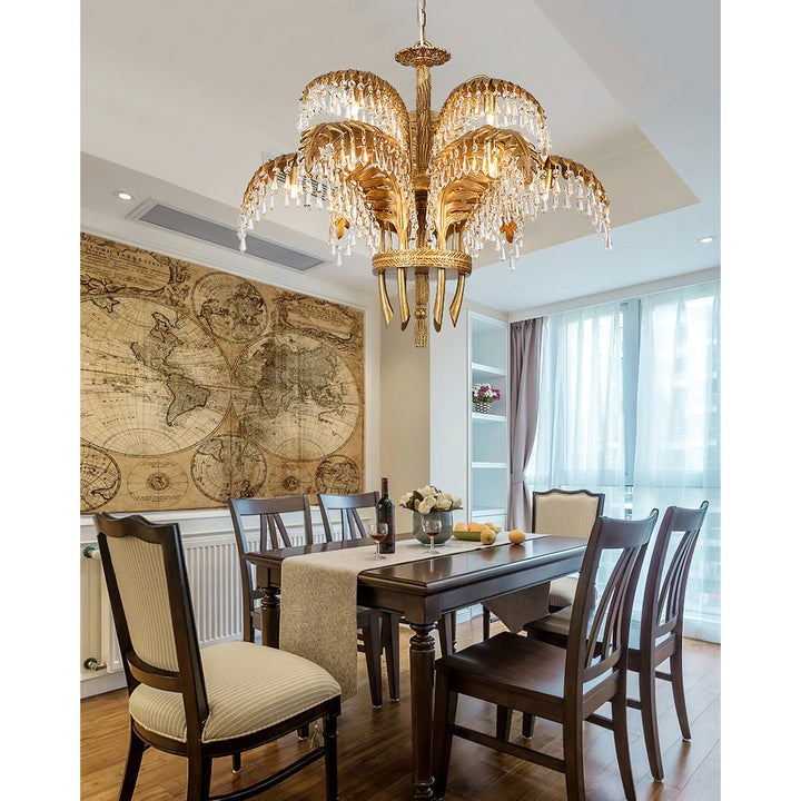 Luxury Palm Leaf Brass & Crystal Chandelier