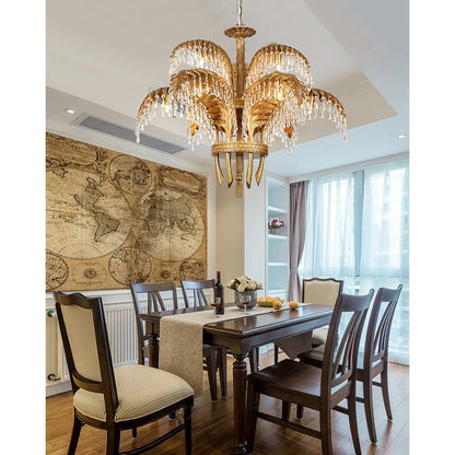 Luxury Palm Leaf Brass & Crystal Chandelier