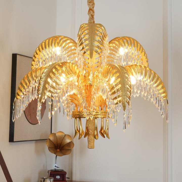 Luxury Palm Leaf Brass & Crystal Chandelier