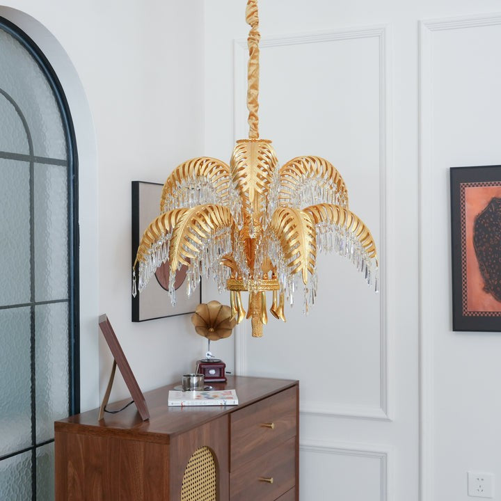 Luxury Palm Leaf Brass & Crystal Chandelier