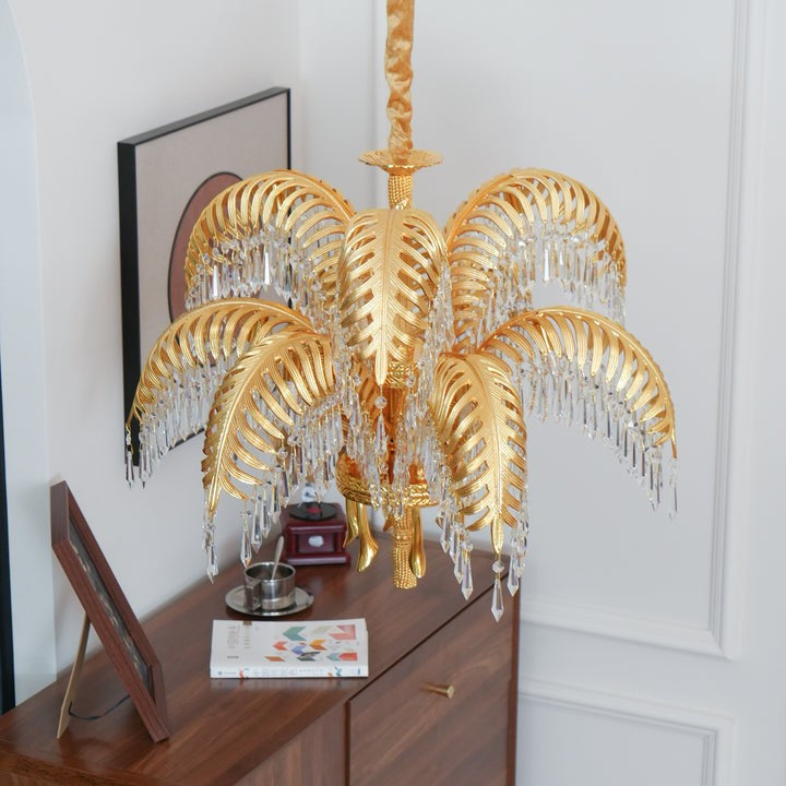 Luxury Palm Leaf Brass & Crystal Chandelier