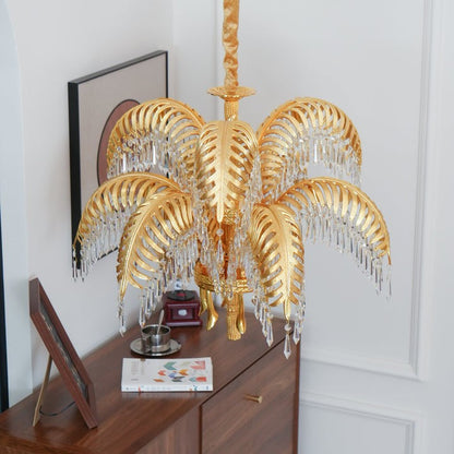 Luxury Palm Leaf Brass & Crystal Chandelier