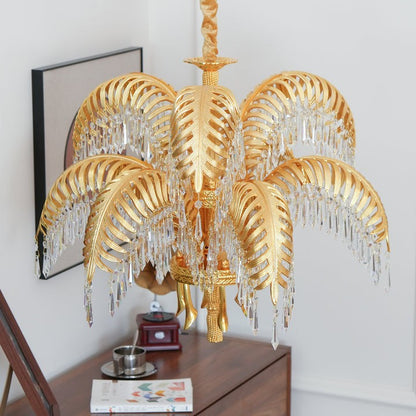 Luxury Palm Leaf Brass & Crystal Chandelier