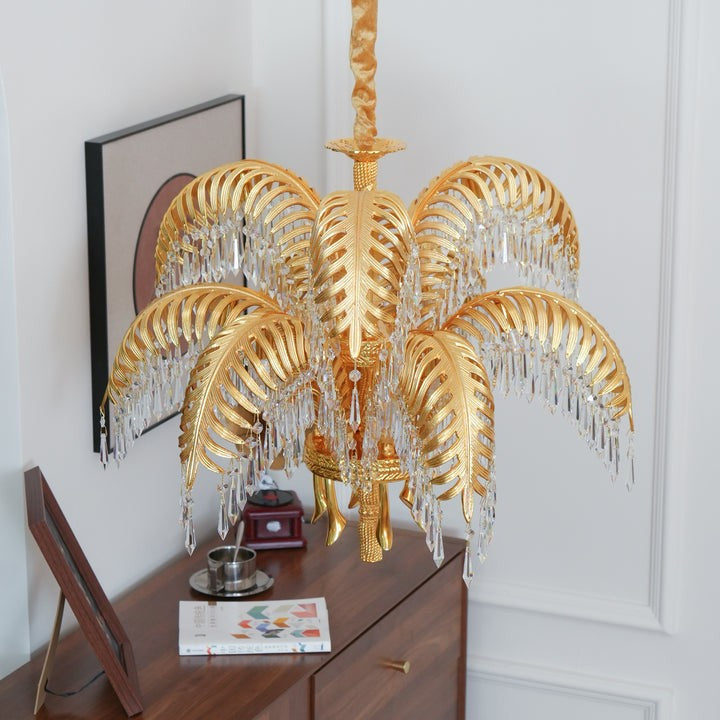 Luxury Palm Leaf Brass & Crystal Chandelier