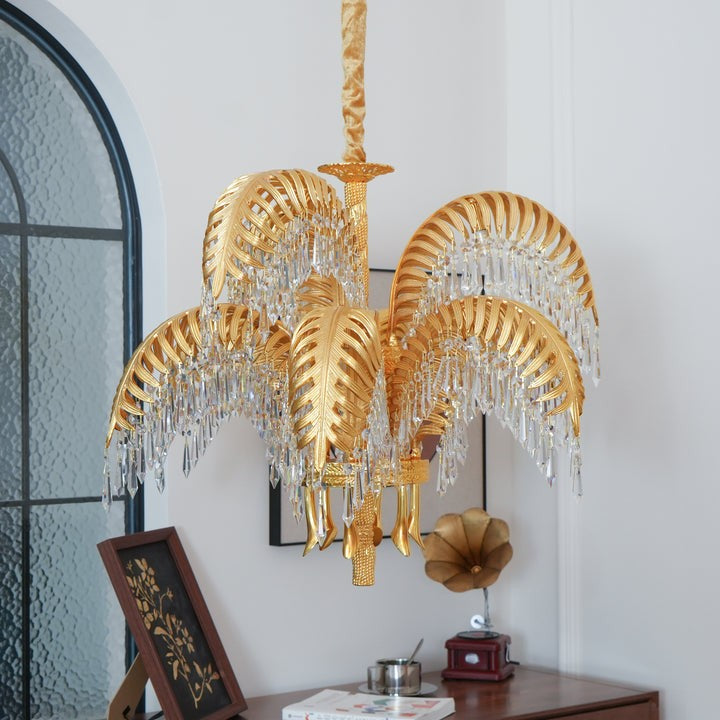 Luxury Palm Leaf Brass & Crystal Chandelier