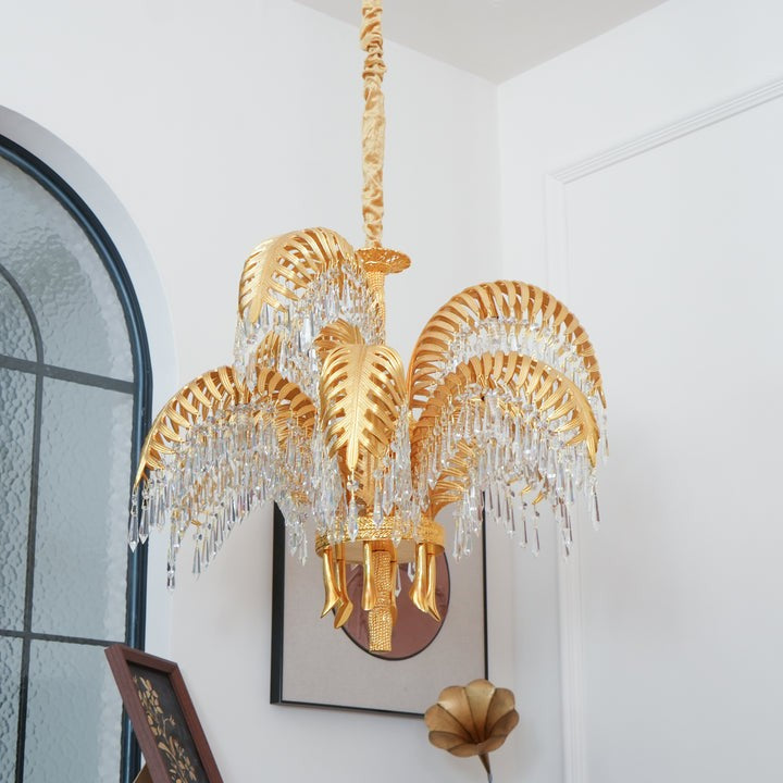 Luxury Palm Leaf Brass & Crystal Chandelier