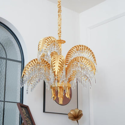 Luxury Palm Leaf Brass & Crystal Chandelier