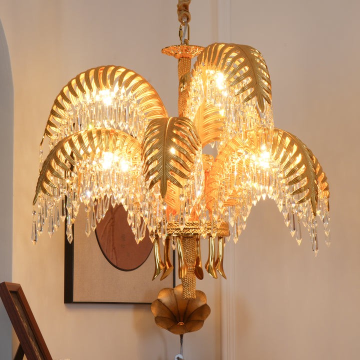 Luxury Palm Leaf Brass & Crystal Chandelier