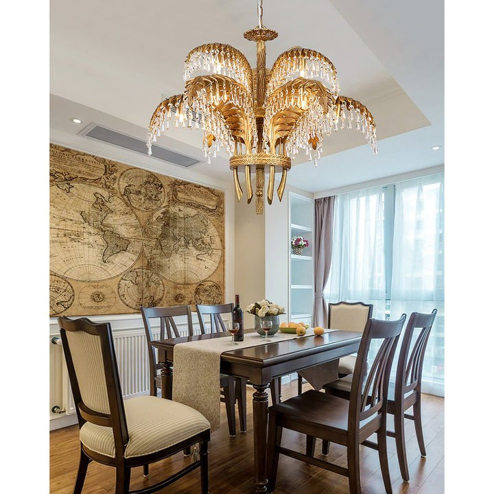 Luxury Palm Leaf Brass & Crystal Chandelier