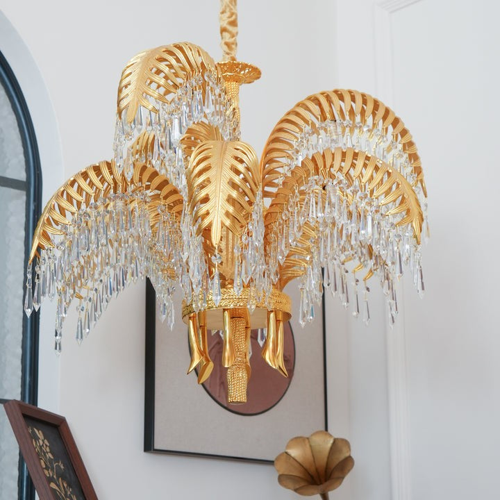 Luxury Palm Leaf Brass & Crystal Chandelier