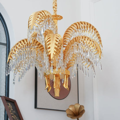 Luxury Palm Leaf Brass & Crystal Chandelier