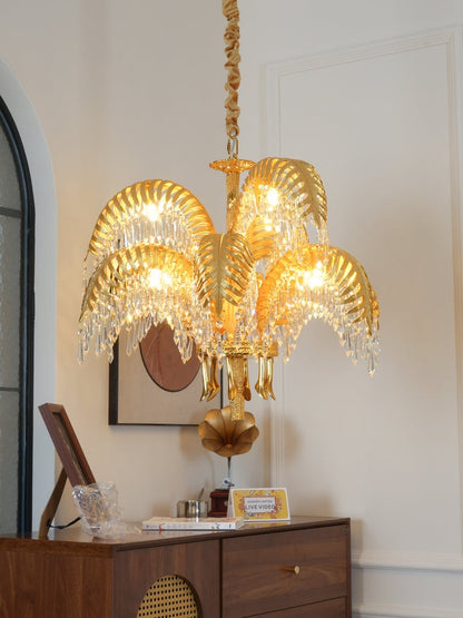 Luxury Palm Leaf Brass & Crystal Chandelier