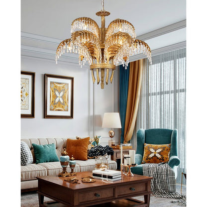 Luxury Palm Leaf Brass & Crystal Chandelier