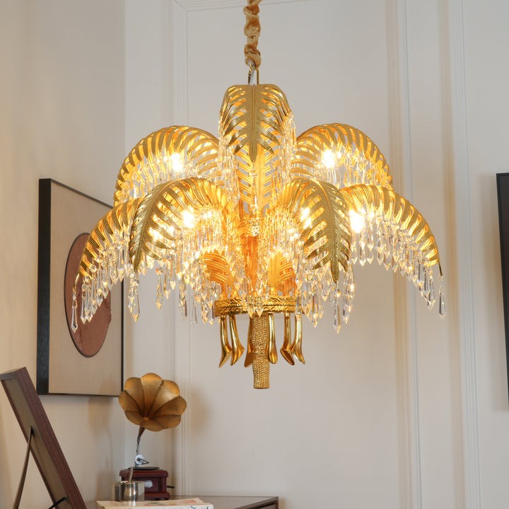 Luxury Palm Leaf Brass & Crystal Chandelier