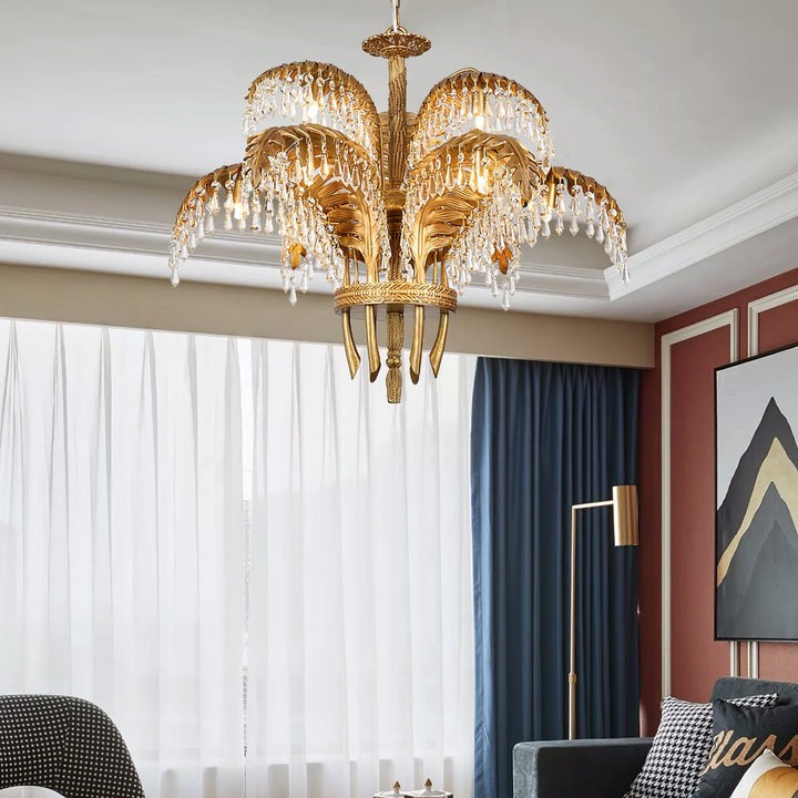 Luxury Palm Leaf Brass & Crystal Chandelier